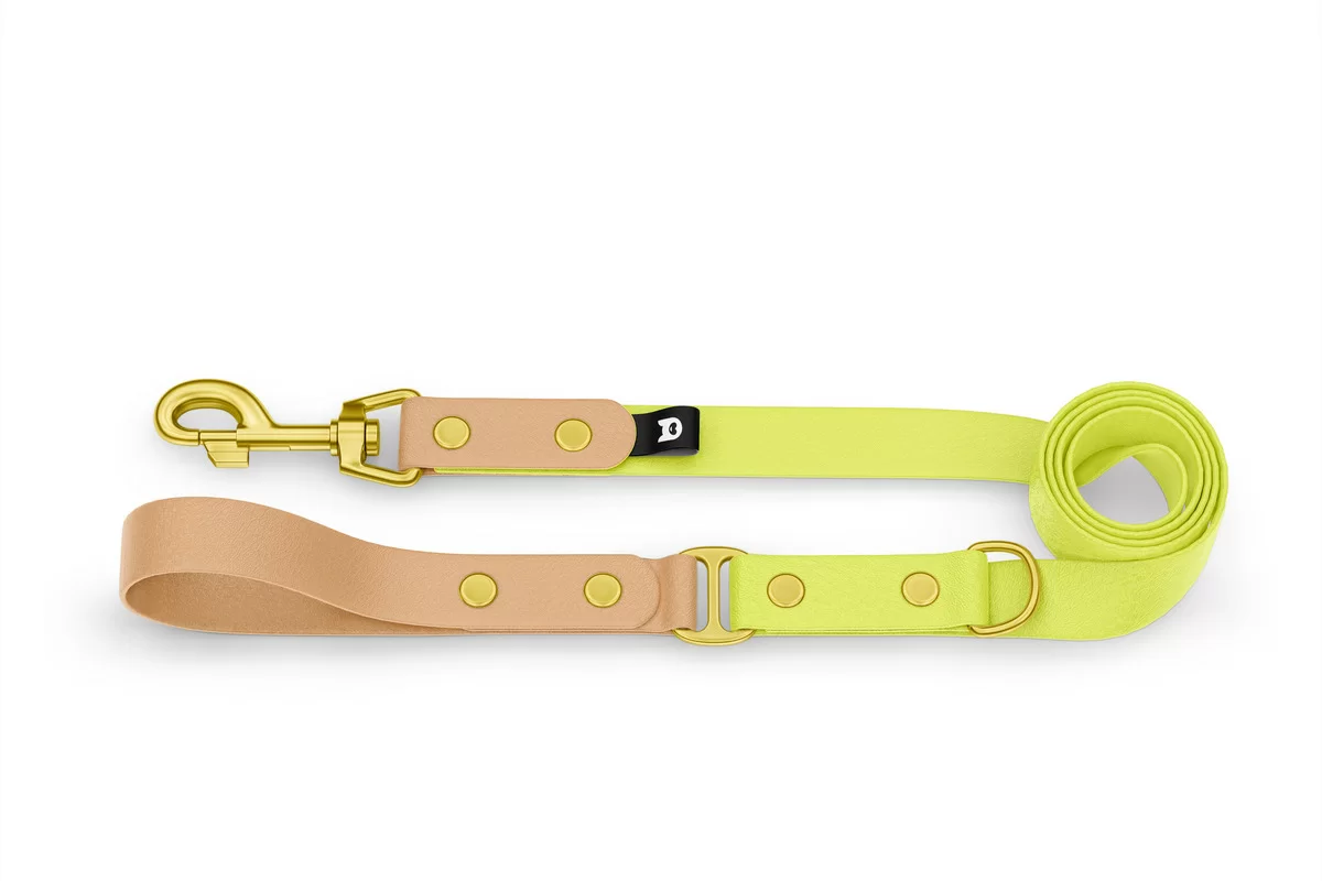 Dog Leash Duo: Light brown & Neon yellow with Gold components