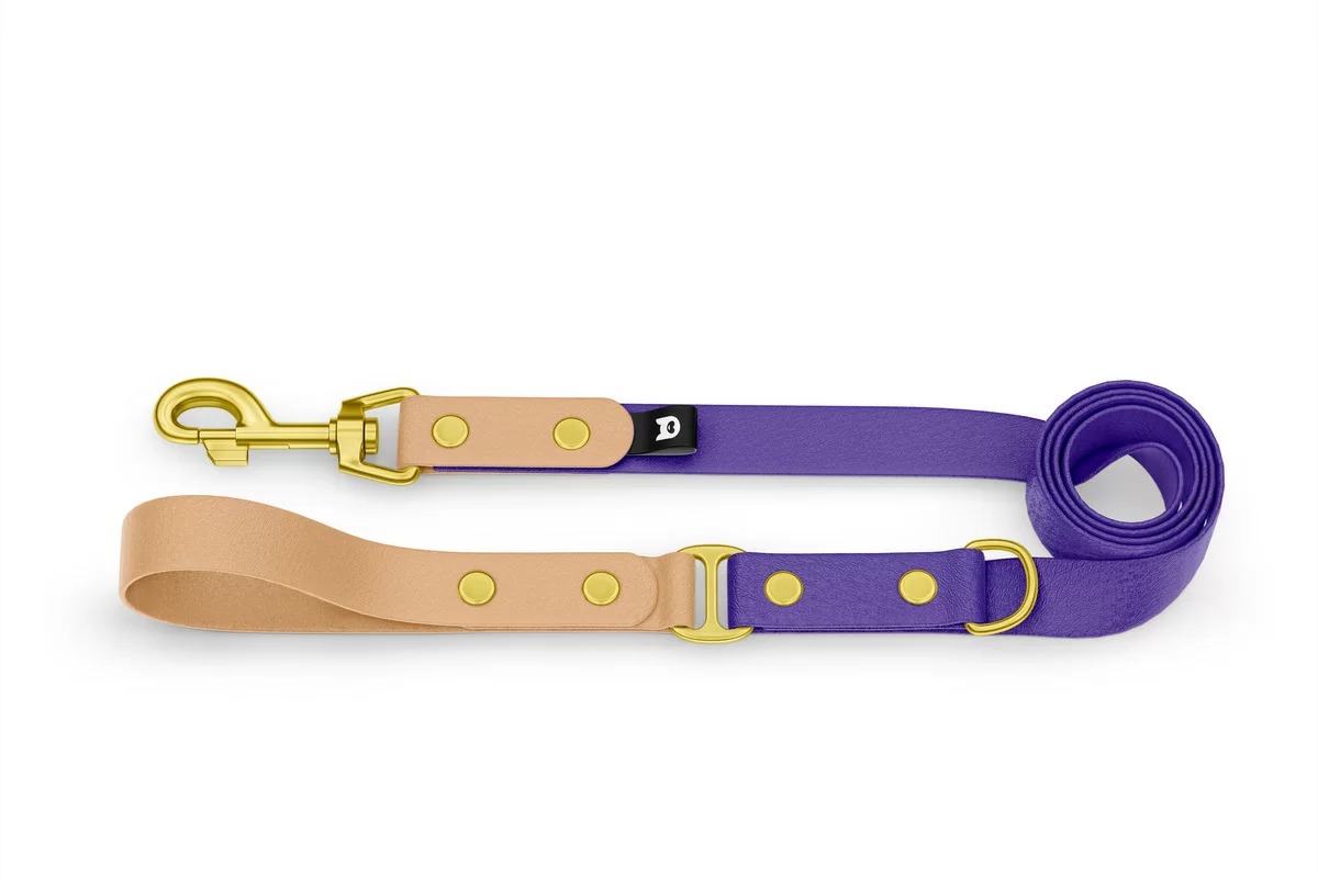 Dog Leash Duo: Light brown & Purple with Gold components