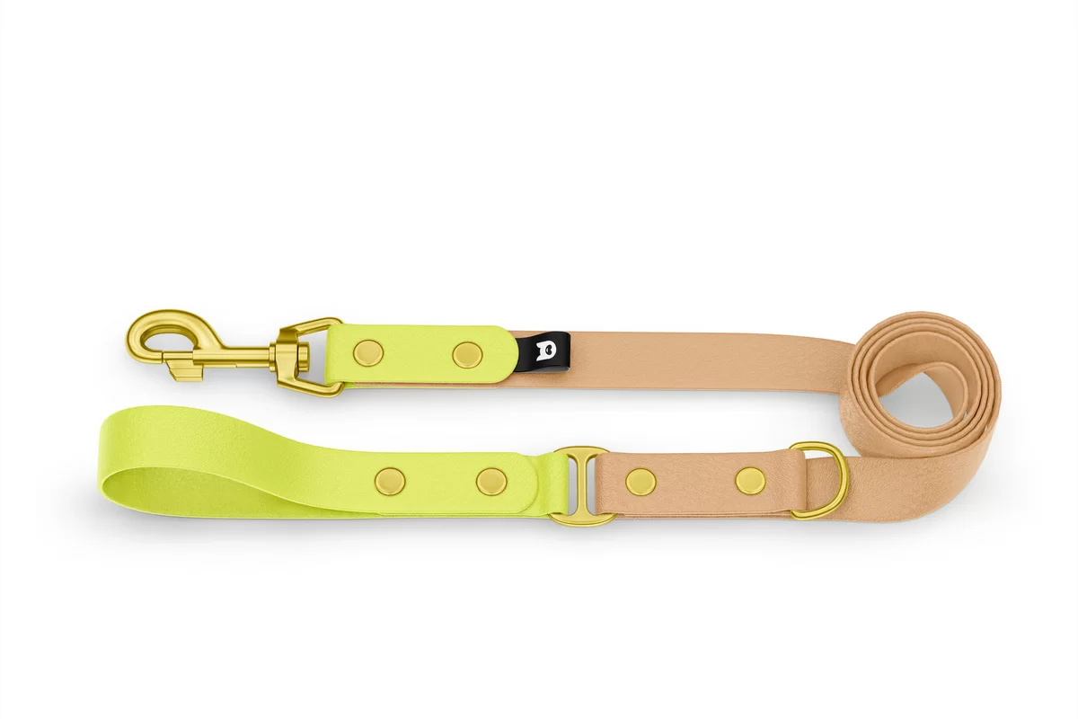 Dog Leash Duo: Neon yellow & Light brown with Gold components