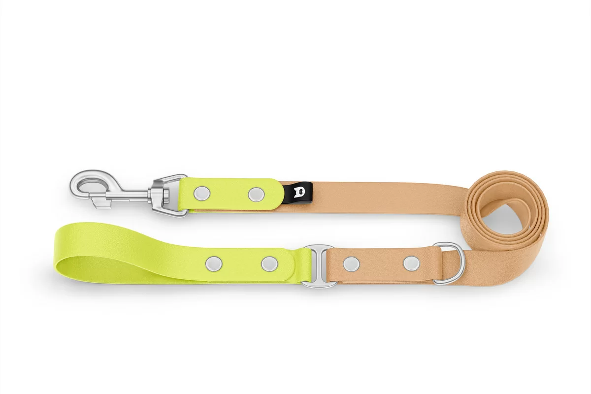 Dog Leash Duo: Neon yellow & Light brown with Silver components
